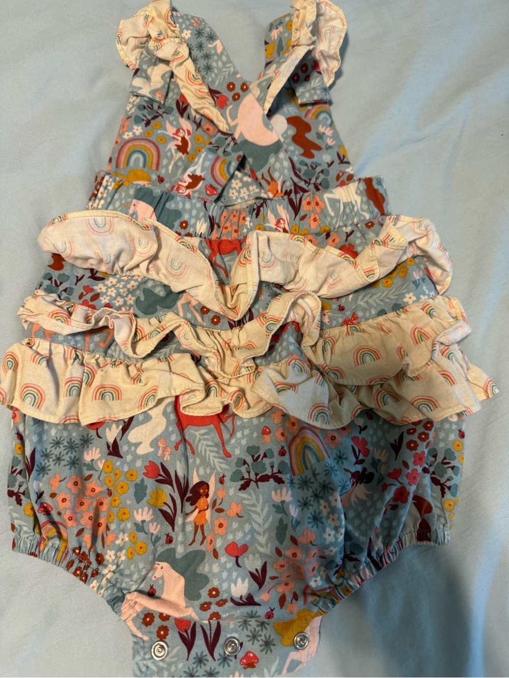 Ricrac & Ruffles - Unicorn & Rainbow Floral Baby Romper in Dusty Blue